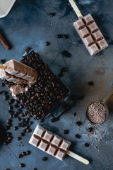 coffee popsicles on wooden sticks with melting popsicle in metal box filled with coffee beans, with cinnamon, cocoa powder, carnations on gray background