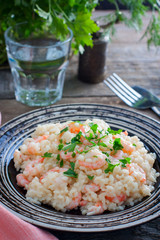 Risotto with shrimps, selective focus