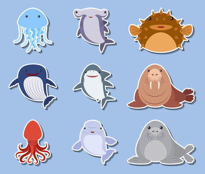 Sticker set with sea animals on blue background