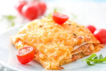 Plate with tasty lasagna, close up