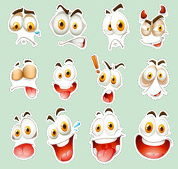 Sticker set with facial expressions on blue