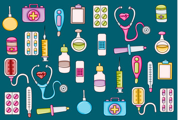 Healthcare icons concept  cartoon doodles sticker design. Hand drawn colorful vector illustration collection.