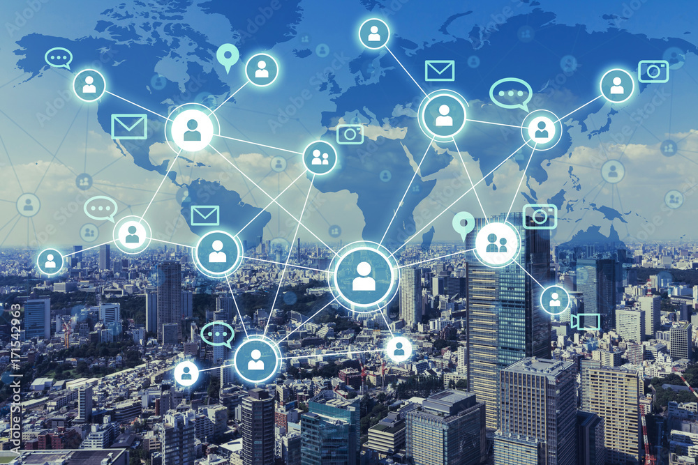 Poster social networking service concept. worldwide connection. mixed media.
