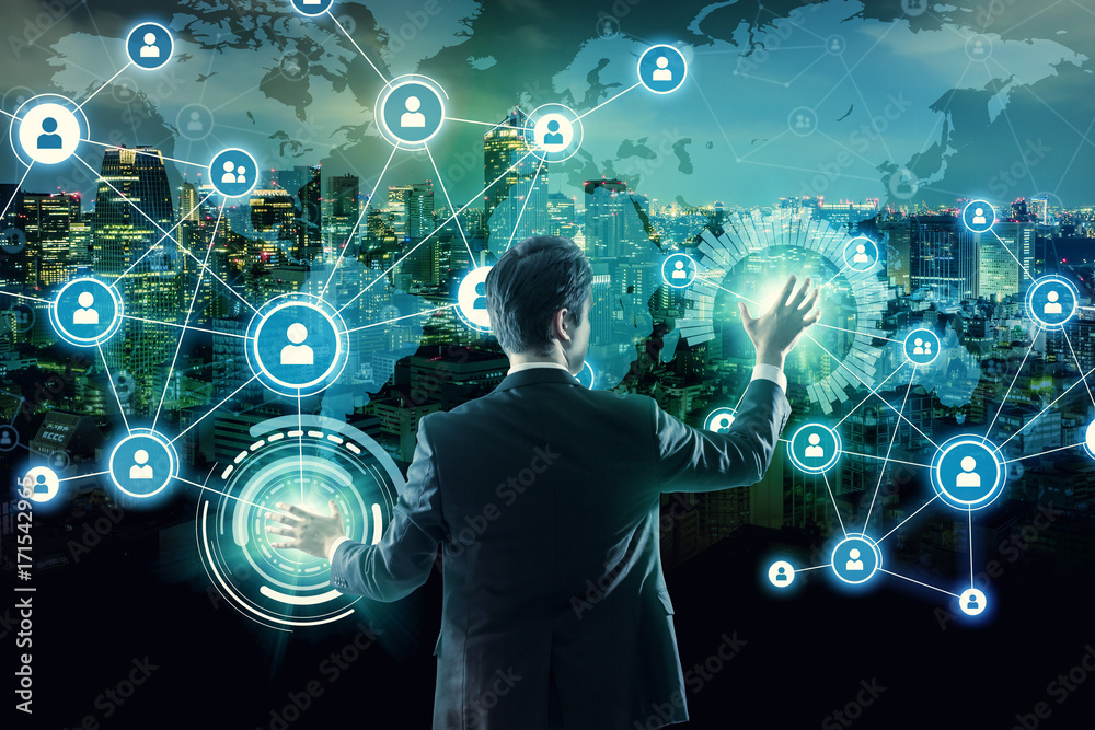 Poster social networking service concept. worldwide connection. mixed media.