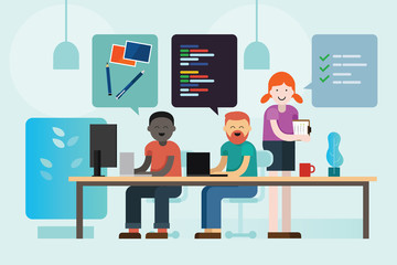 web design development programmer and project manager working together coding communicating brief creative company team