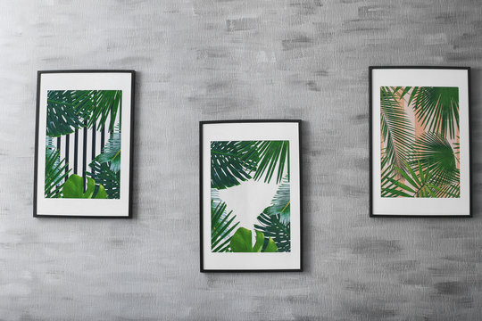 Framed pictures of tropical leaves on grey background