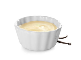 Vanilla pudding in ceramic bowl isolated on white