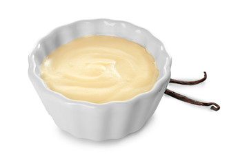 Vanilla pudding in ceramic bowl isolated on white