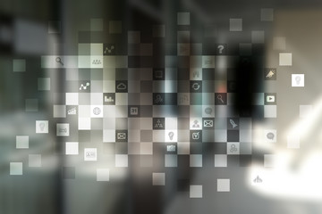 Virtual screen interface with applications icons. APPS. Work Business process in modern office. Strategy planning  Internet technology concept.