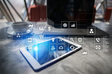 Virtual screen interface with applications icons. APPS. Work Business process in modern office. Strategy planning  Internet technology concept.