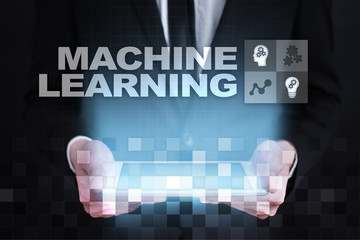 Machine Learning. Text and icons on virtual screen. Business, internet and technology concept.