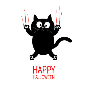 Happy Halloween. Black cat claw scratch glass. Cute cartoon funny baby character. Greeting card. Scary surprised face emotion. White background. Isolated. Flat design.