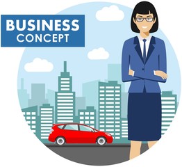 Fototapeta na wymiar Business concept. Detailed illustration of businesswoman on background with red car and cityscape in flat style. Vector illustration.