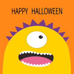 Happy Halloween card. Monster head with one eye, teeth, tongue. Yellow color. Funny Cute cartoon character. Baby collection. Flat design. Orange background.