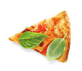 Slice of delicious pizza with green fresh organic basil isolated on white