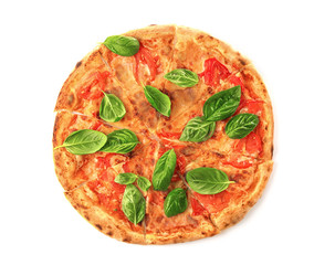 Delicious pizza with green fresh organic basil isolated on white
