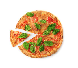 Delicious pizza with green fresh organic basil isolated on white