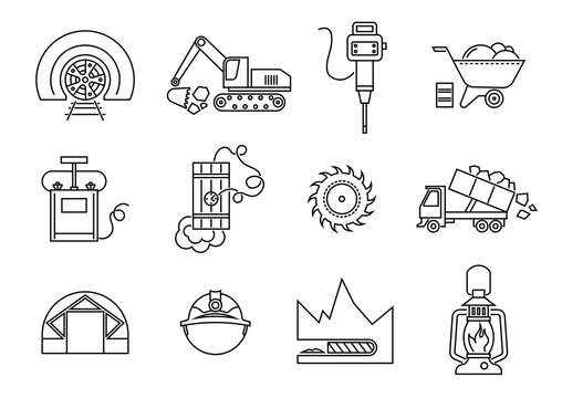 Vector set of thin line vector icons of drilling tunnels in mining industry.