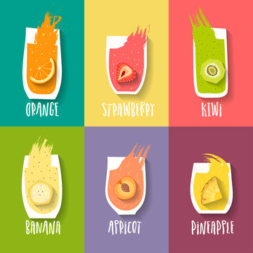 Vector collection of hand-drawn orange, strawberry, kiwi, banana, peach and pineapple  juices with blots and lettering on colorful background.