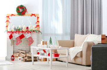 Interior of beautiful living room decorated for Christmas