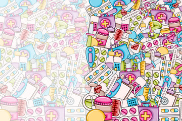 Healthcare concept in 3d cartoon doodles background design. Hand drawn colorful vector illustration.