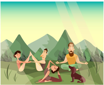 Yoga class in the mountains vector illustration