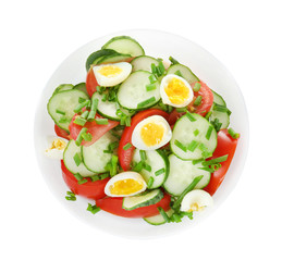 Healthy salad with cucumbers and eggs in bowl, isolated on white