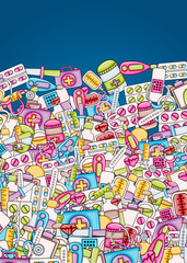 Fototapeta premium Healthcare concept in 3d cartoon doodles background design. Hand drawn colorful vector illustration.