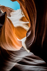 Narrow underground gorge of the Lower Antelope Canyon. Exquisite stone walls