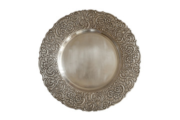 Vintage plate or tray isolated on white background.  Old metal plate with decorative round floral ornate frame.