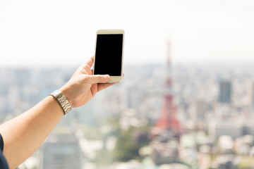 smart phone and tokyo tower