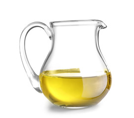 Pitcher with olive oil on white background
