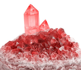 large crystals in red ruby druse on white
