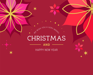 Christmas red classic background, greeting card, banner with xmas flowers, ornaments and lettering