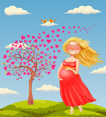 Naklejka na ściany i meble Vector illustration of young beautiful pregnant blonde woman in red dress on outdoor . Heart tree on background