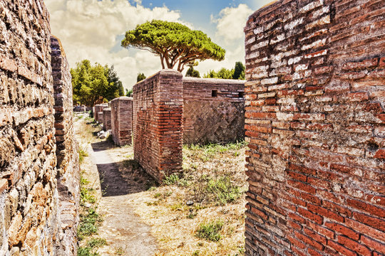 Street view in the archaeological excavations in Ostia Antica - Rome, Italy
