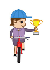 Fototapeta premium Winner Girl Riding Cycle with Winning Trophy