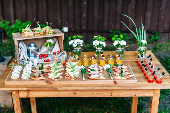 Delicious catering banquet buffet table decorated in rustic style in the garden. Different snacks, sandwiches and cocktails. Outdoor.