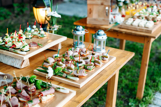 Delicious catering banquet buffet table decorated in rustic style in the garden. Different snacks, sandwiches. Outdoor.
