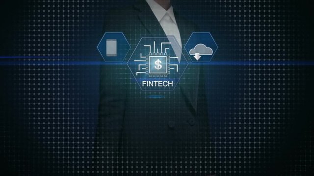 Businesswoman touching Financial technology illustration icon and various graph.