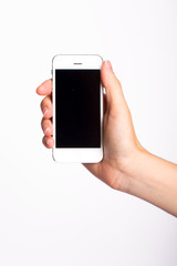 Hand and Smartphone on White Background