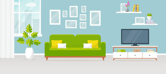 Interior of the living room. Vector banner.