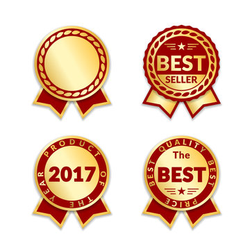 Red ribbon awards best seller of year 2017 set. Gold ribbon award icons isolated white background. Best product golden label for prize, badge, medal, guarantee quality product Vector illustrationt