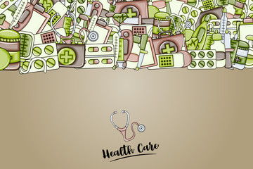 Healthcare concept in 3d cartoon doodles background design. Hand drawn colorful vector illustration.