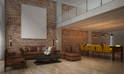 The interior design of living room and sofa set and dining room and brick wall texture / 3D rendering new scene new design