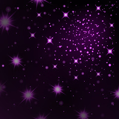 Purple stars black night sky background. Abstract light glitter. Fantasy sparkles. Shine christmas texture, magic glow. Pink bright for holiday card design. Vector illustration
