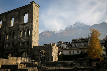 Roman ruins in the city of Aosta, Italy