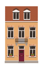 Modern European house with one entrance, mansard tile roof, architecture design template, vector illustration