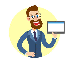 Hipster Businessman holding tablet PC
