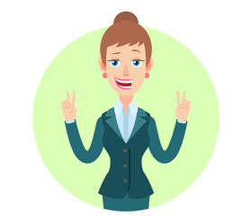 Businesswoman showing victory hand sign or quotes hand sign